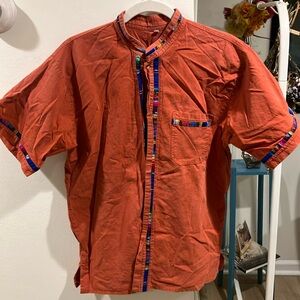 Artisanal Oaxacan Men’s Hand-Sewn Red Shirt with Colorful Trim